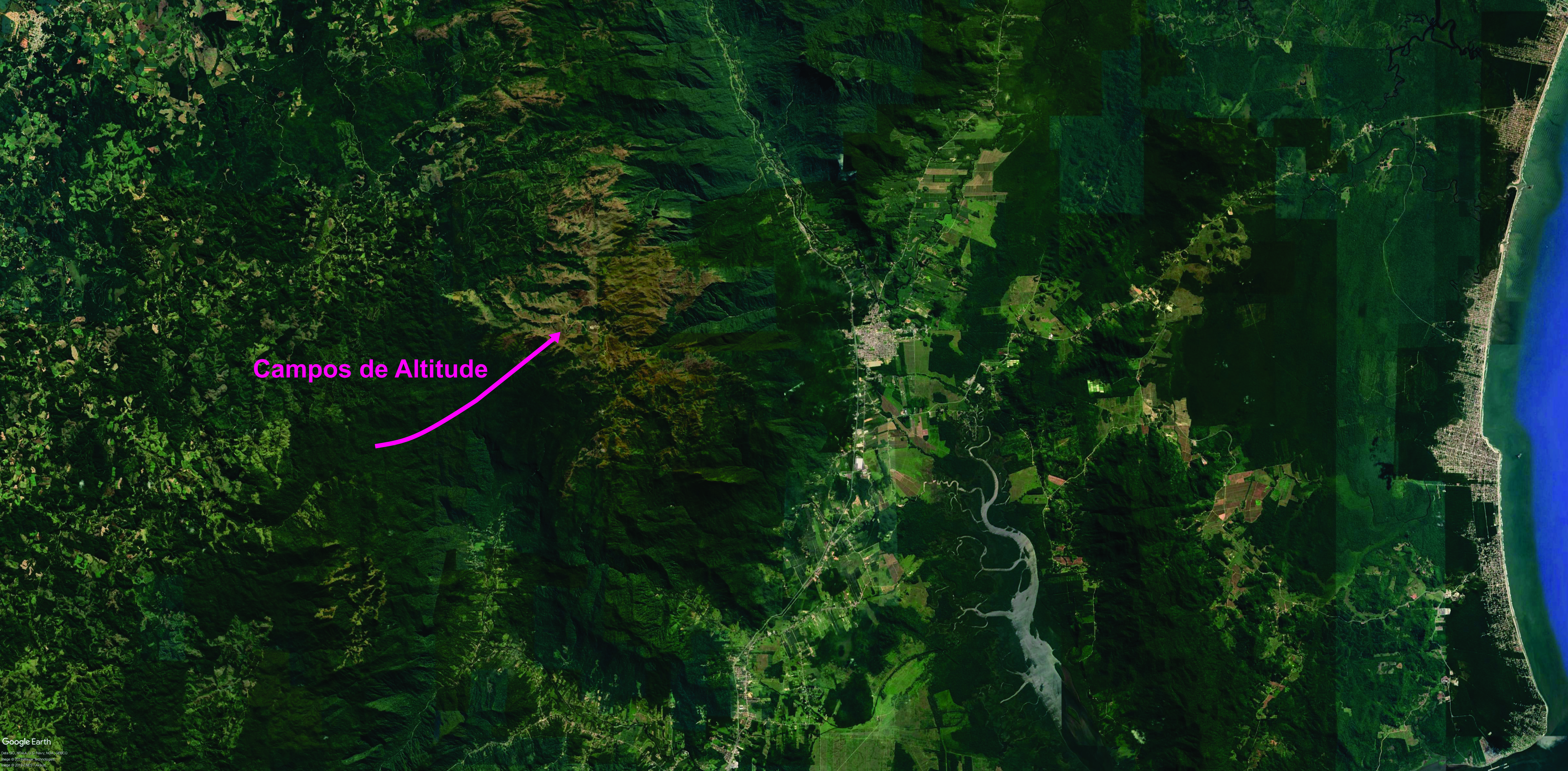 Identificando os campos de altitude em imagem de satélite. Organizado por: Yara de Mello, 2019.